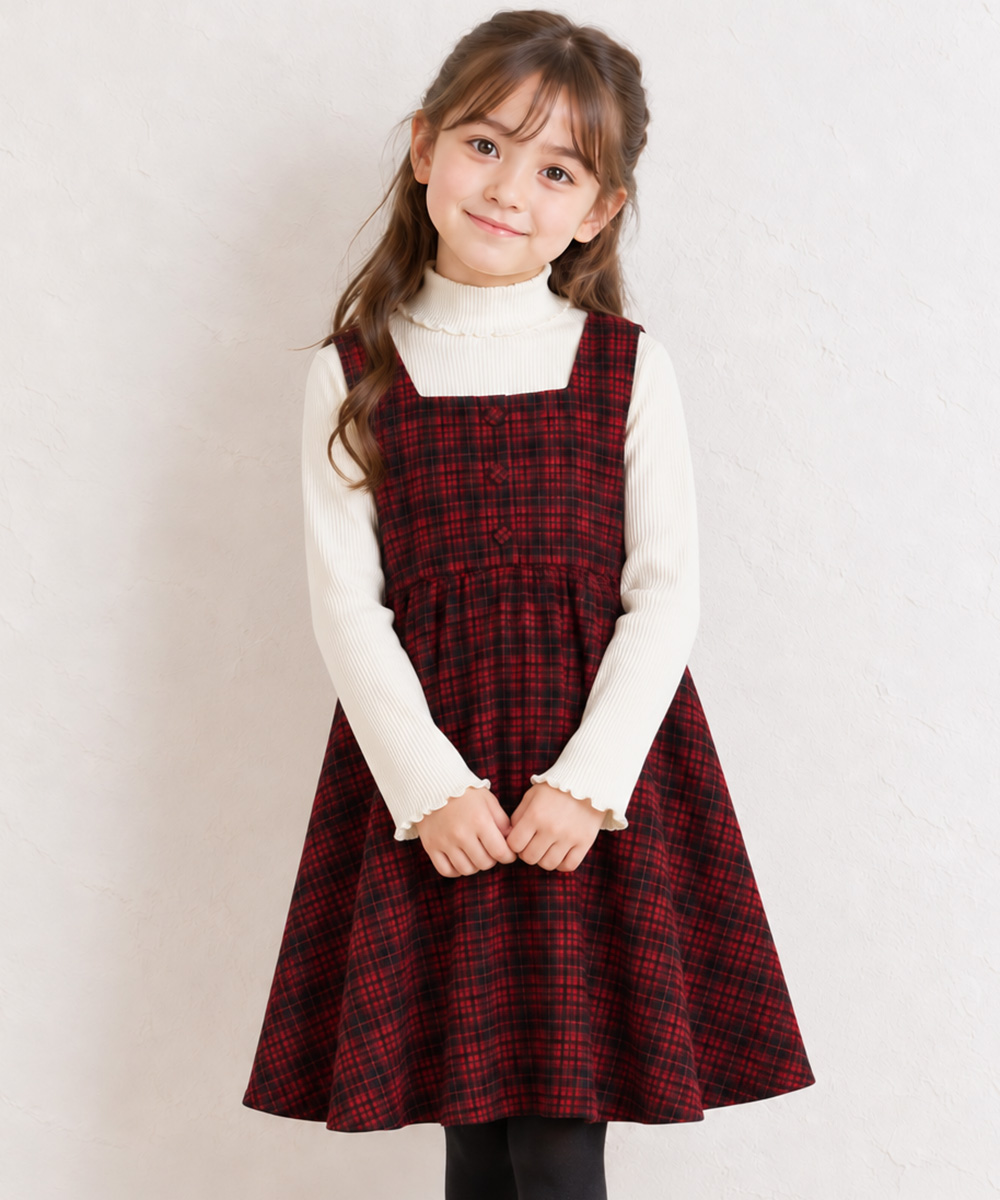 ベビー服 女の子 くるみボタン ジャガードチェック ワンピース レッド(03) モデル画像4