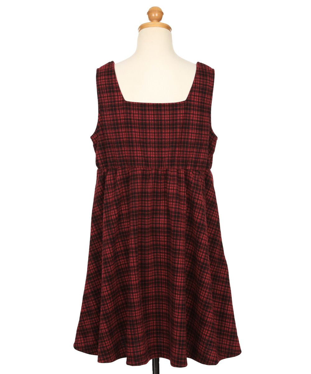 ベビー服 女の子 くるみボタン ジャガードチェック ワンピース レッド(03) トルソーうしろ