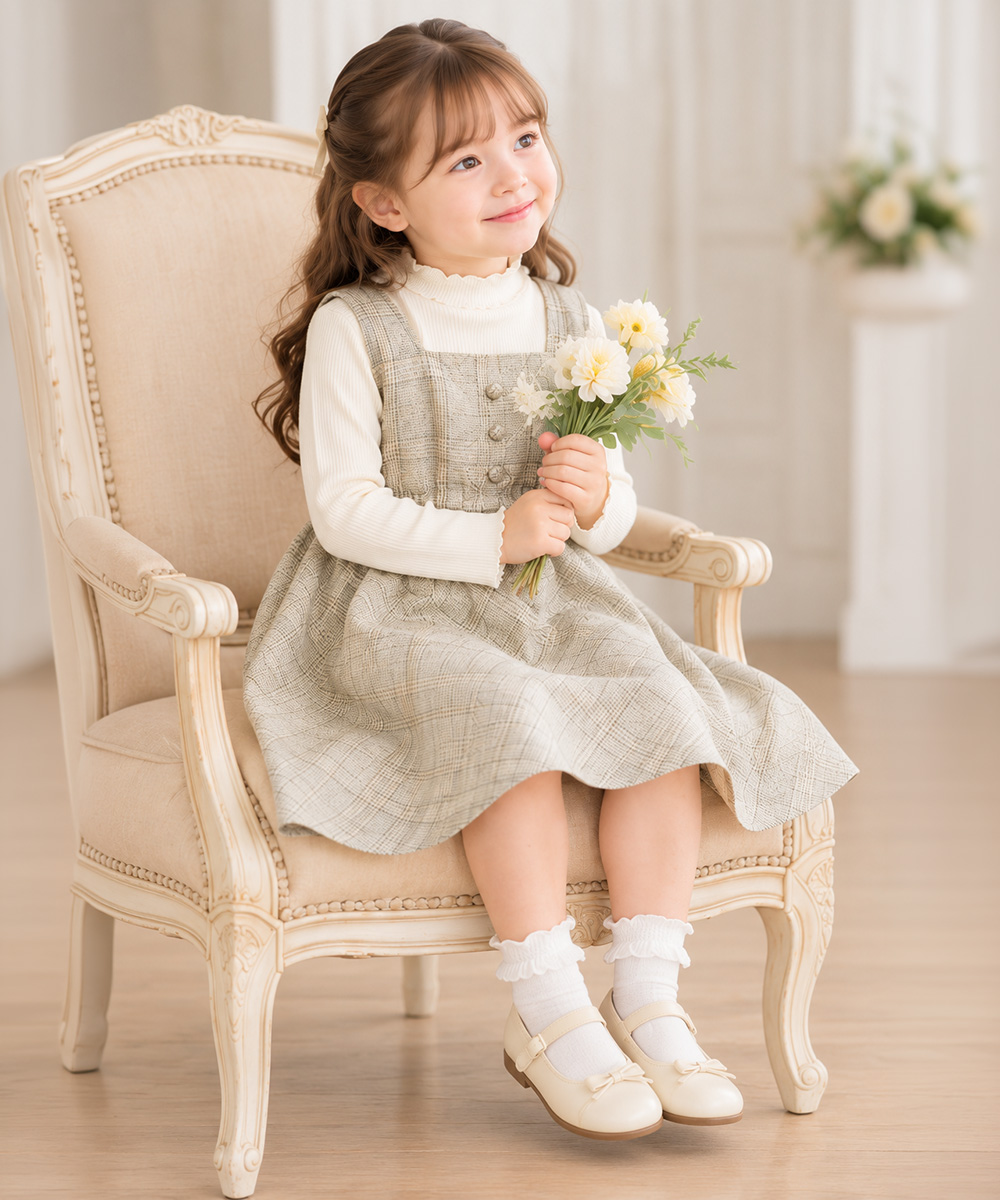 子供服 女の子 くるみボタン付き チェック柄 ワンピース ベージュ(51) モデル画像3
