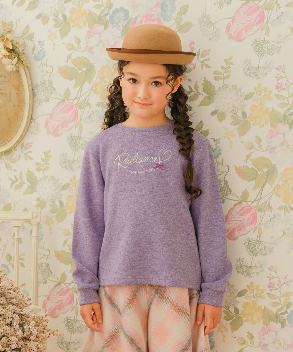 子供服 女の子 リボン＆ハートモチーフ 長袖 Tシャツ パープル(91) モデル画像アップ