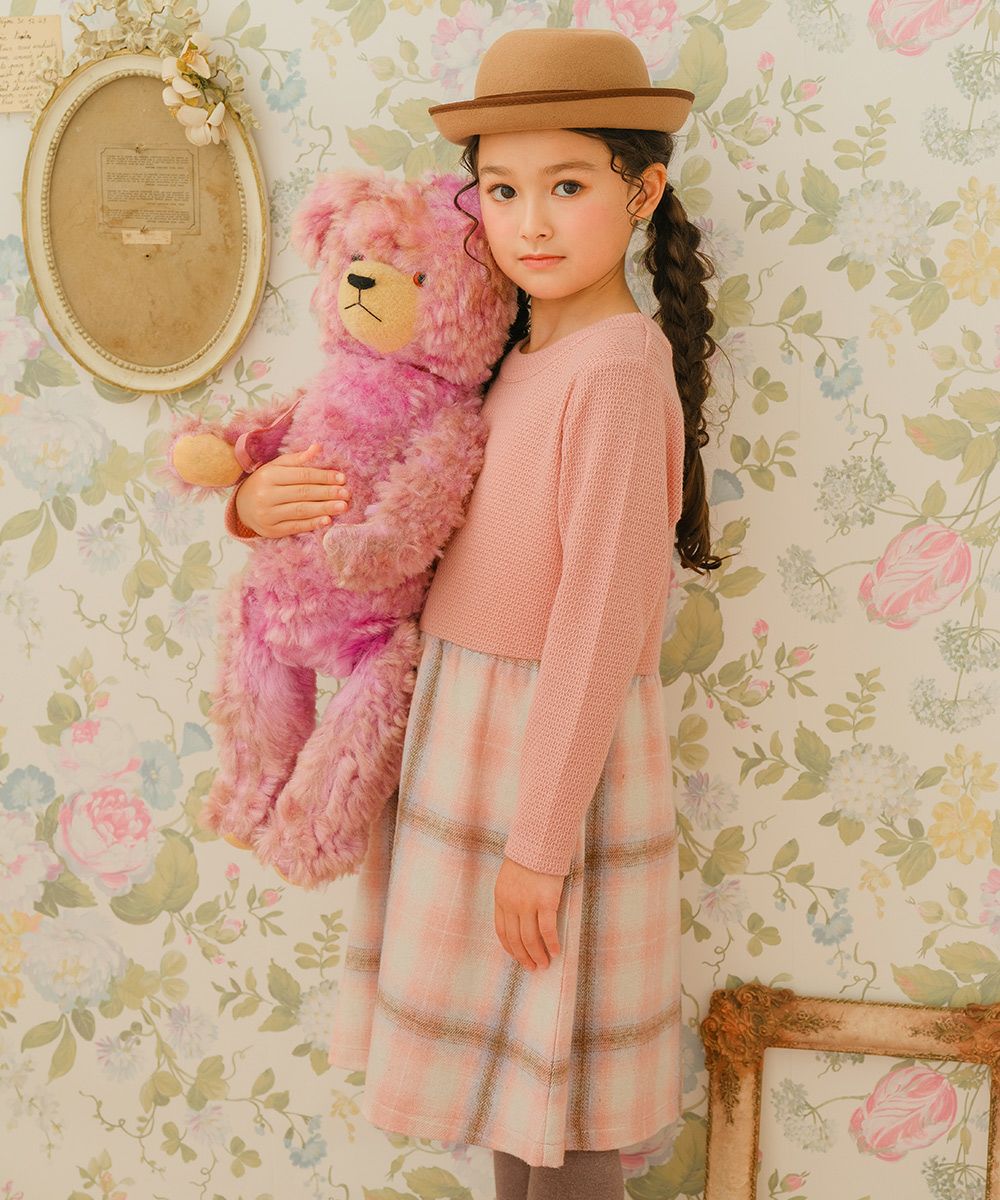 子供服 女の子 子ども服 こども服 こども キッズ ジュニア チェック 裏地付 ドッキングワンピース ピンク(02) モデル画像アップ