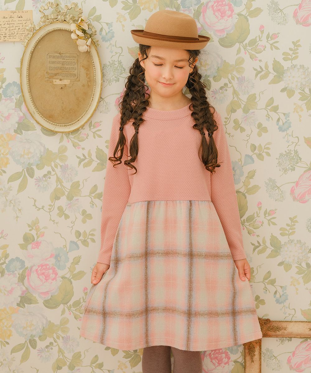 子供服 女の子 子ども服 こども服 こども キッズ ジュニア チェック 裏地付 ドッキングワンピース ピンク(02) モデル画像1