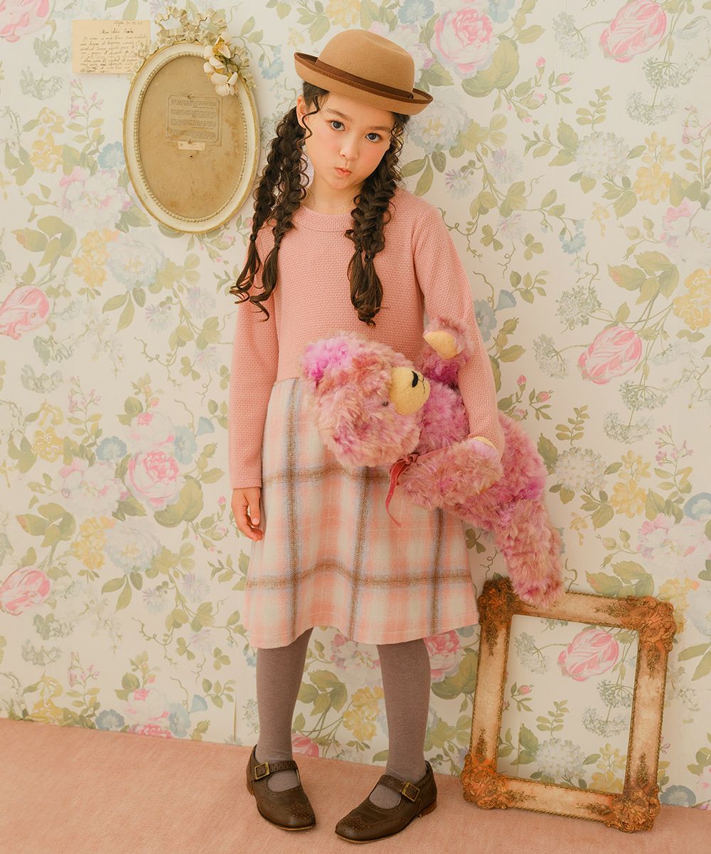 子供服 女の子 子ども服 こども服 こども キッズ ジュニア チェック 裏地付 ドッキングワンピース ピンク(02) モデル画像2