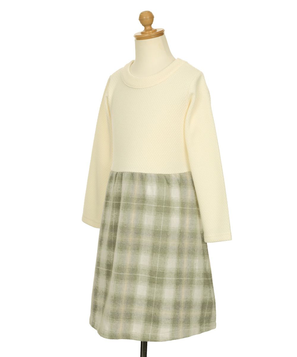 子供服 女の子 子ども服 こども服 こども キッズ ジュニア チェック 裏地付 ドッキングワンピース グリーン(08) トルソー斜め
