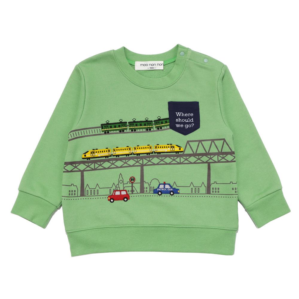 ベビー服 男の子 乗り物 アップリケ 裏毛トレーナー グリーン(08) 正面