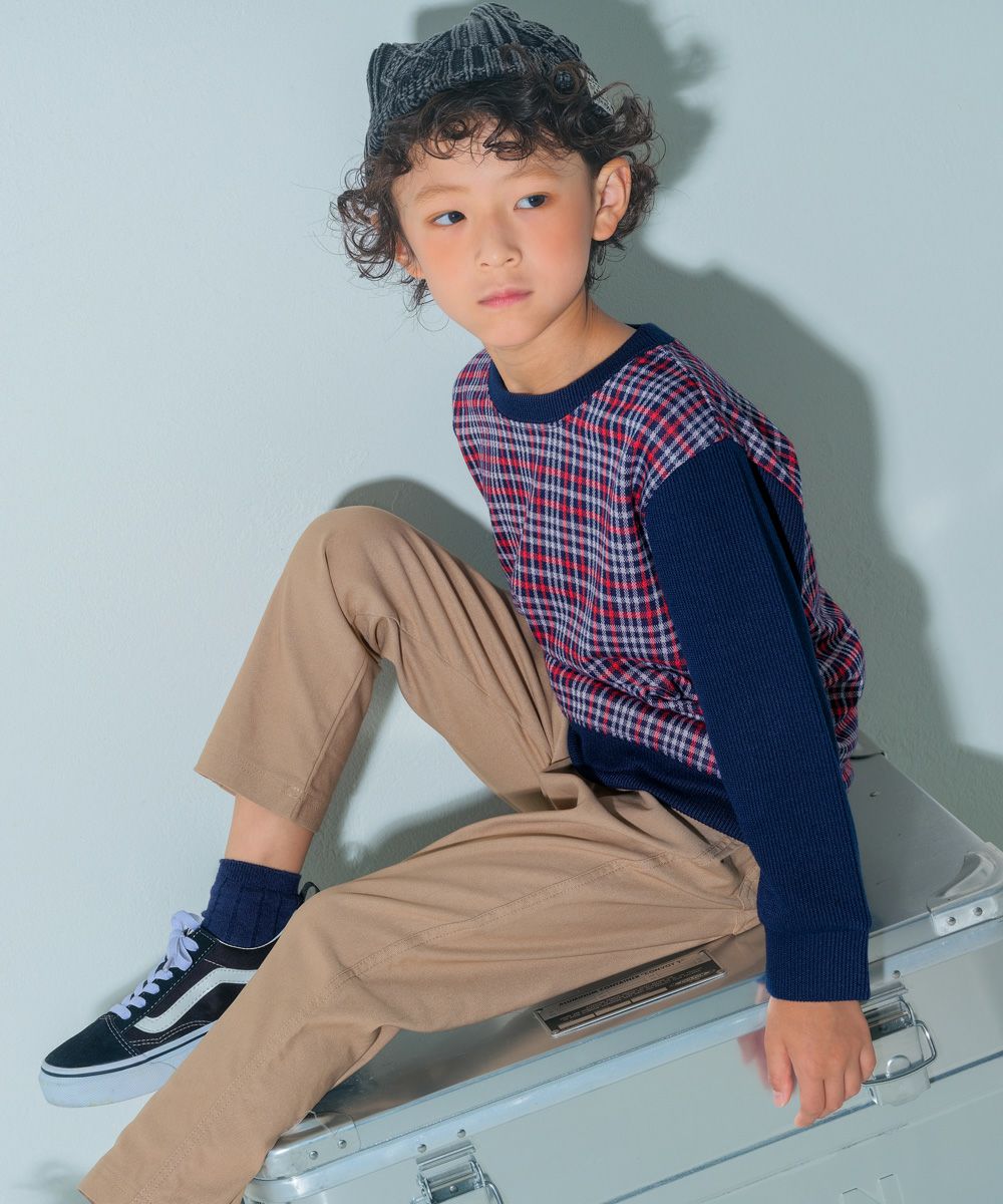 ベビー服 男の子 こども服 キッズ チェック リブ プルオーバー ネイビー(06) モデル画像全身
