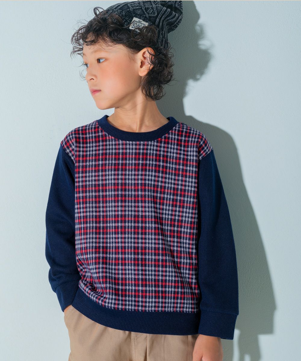 ベビー服 男の子 こども服 キッズ チェック リブ プルオーバー ネイビー(06) モデル画像1