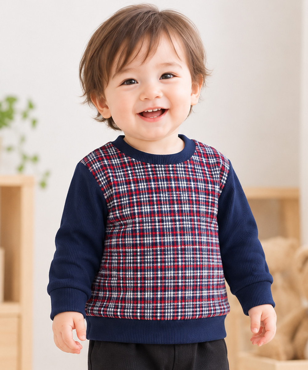ベビー服 男の子 こども服 キッズ チェック リブ プルオーバー ネイビー(06) モデル画像2