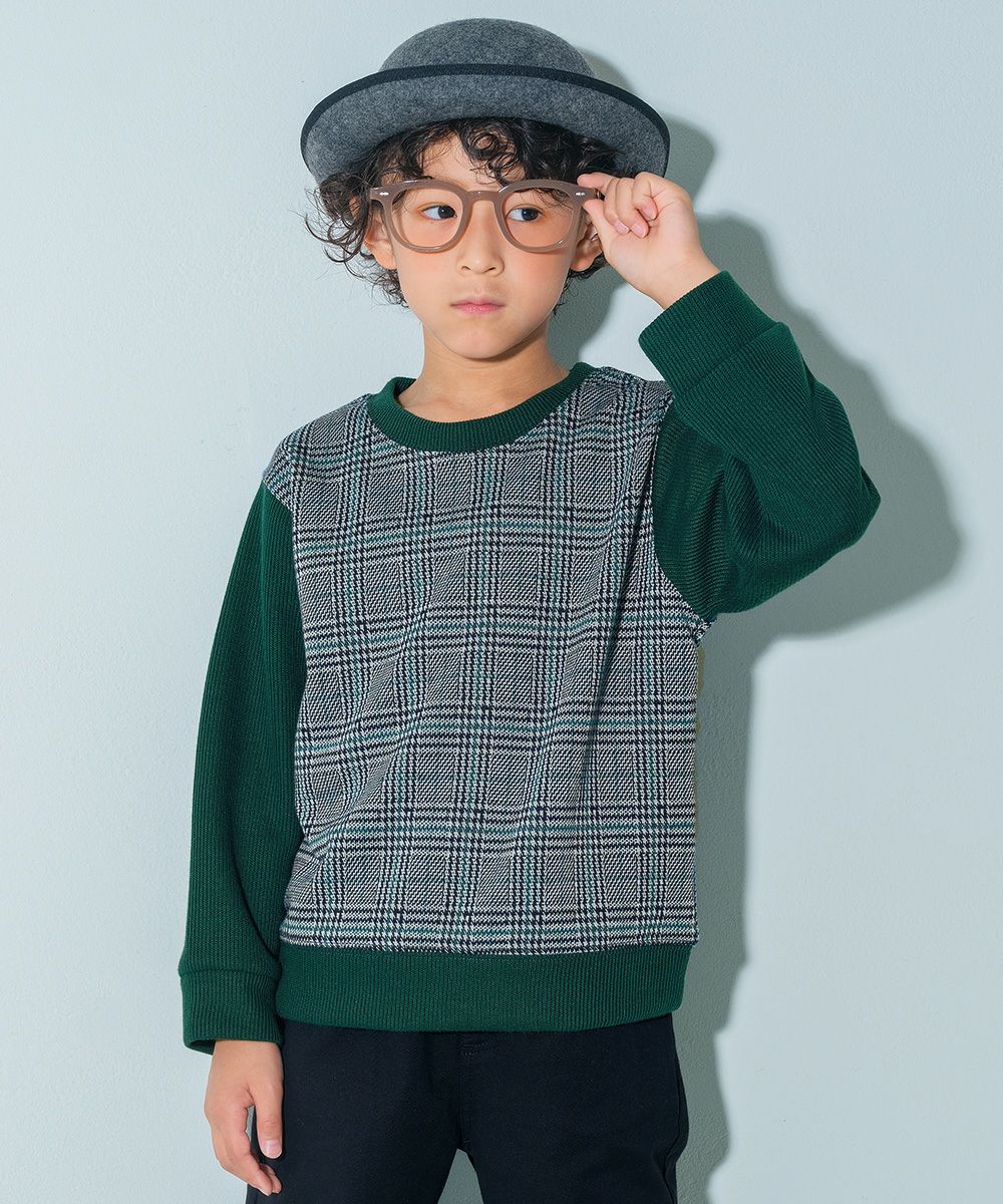 ベビー服 男の子 こども服 キッズ チェック リブ プルオーバー グリーン(08) モデル画像アップ