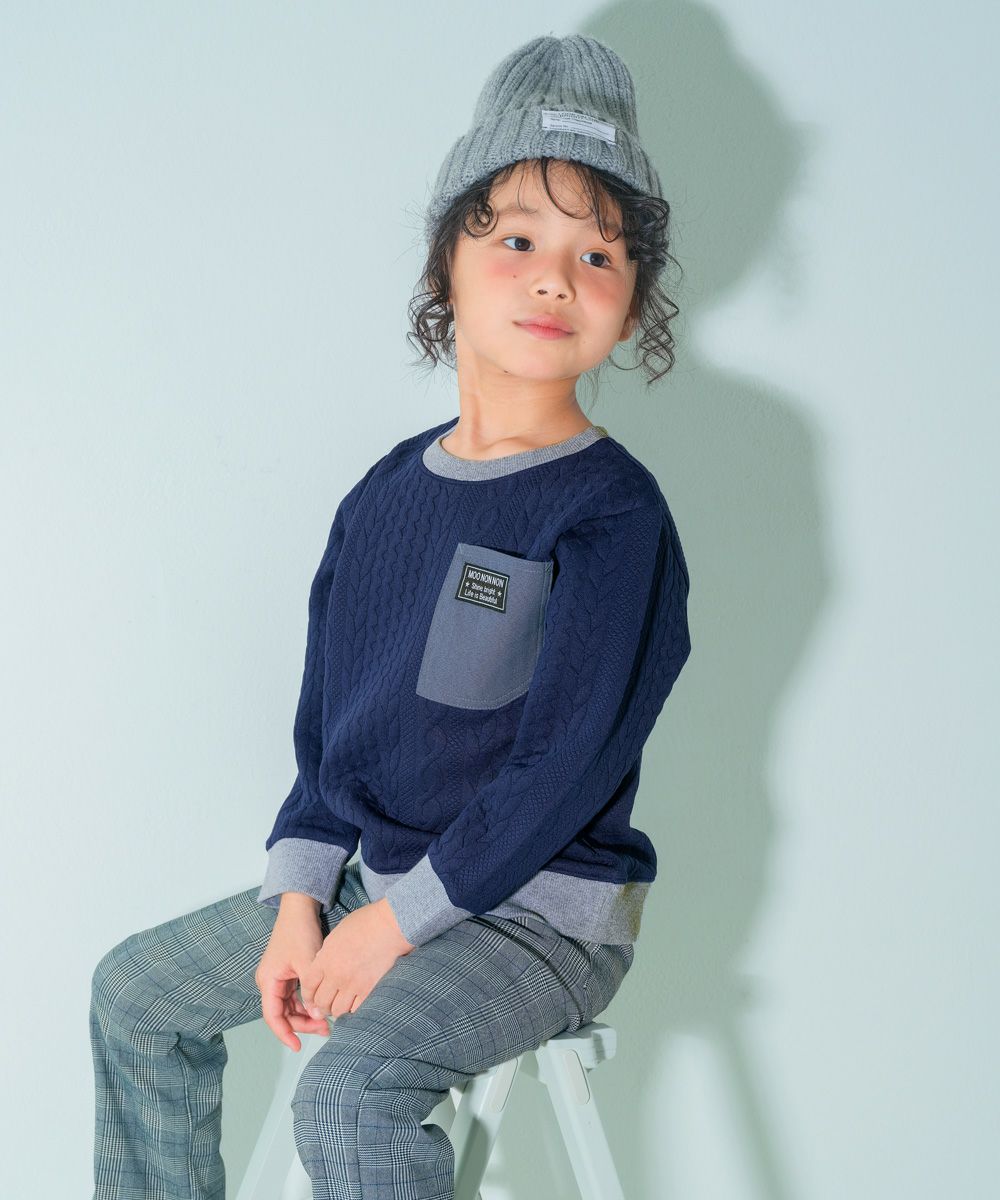 子供服 男の子 ニット風 アラン模様 長袖トップス ネイビー(06) モデル画像1