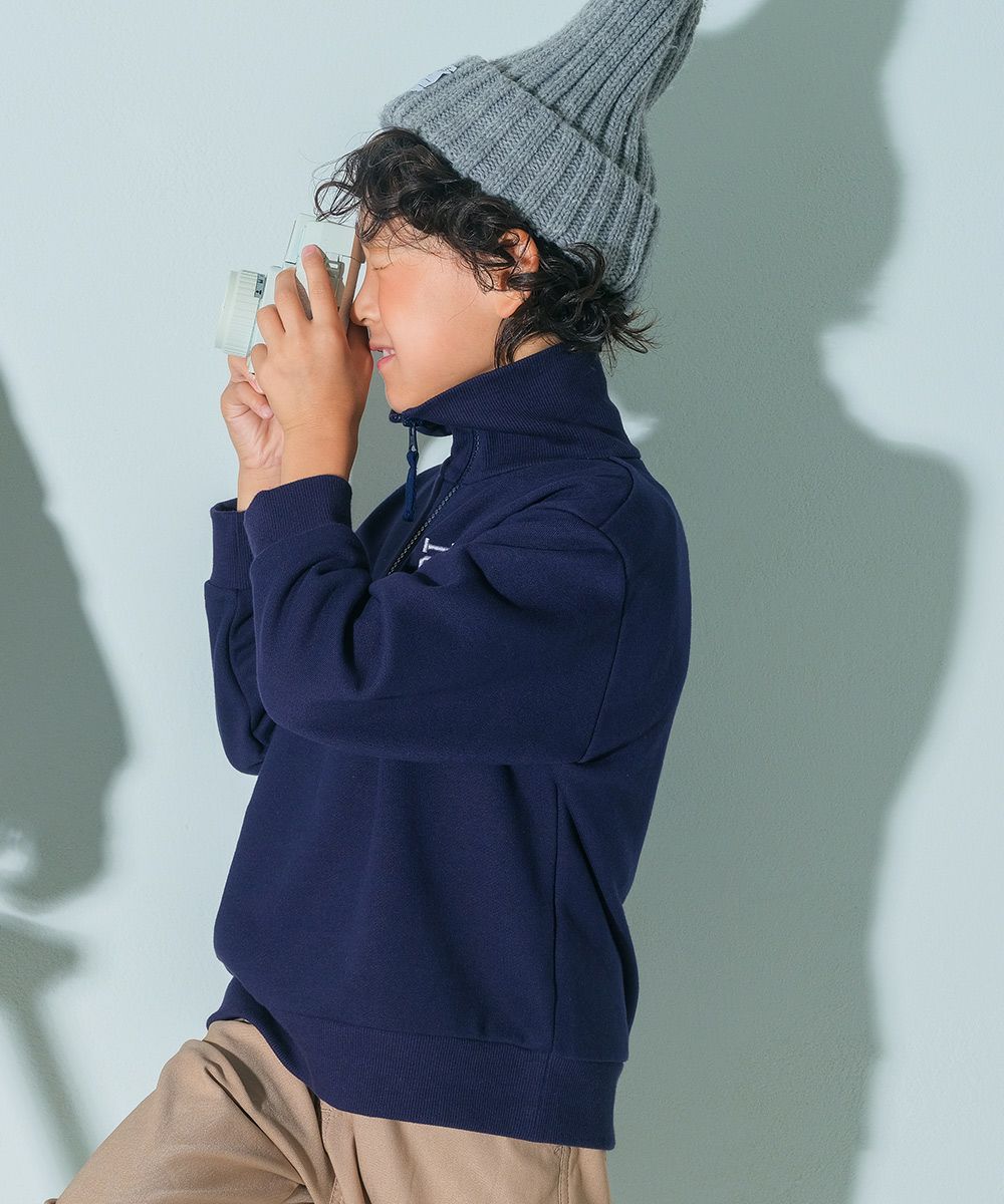 子供服 男の子 こども服 キッズ 裏毛 ロゴ 刺繍 アップリケ ファスナー ネイビー(06) モデル画像アップ