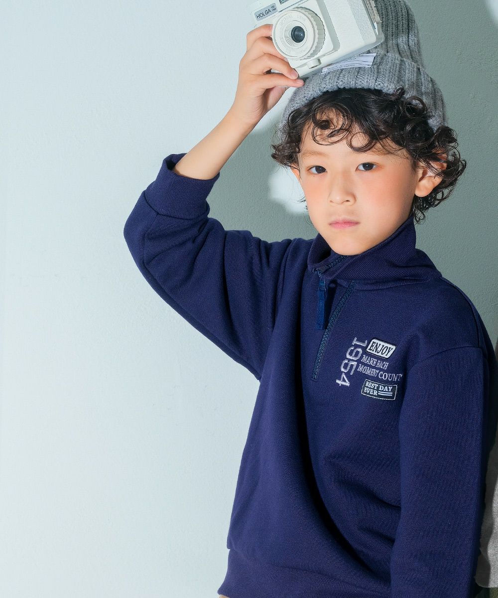 子供服 男の子 こども服 キッズ 裏毛 ロゴ 刺繍 アップリケ ファスナー ネイビー(06) モデル画像1