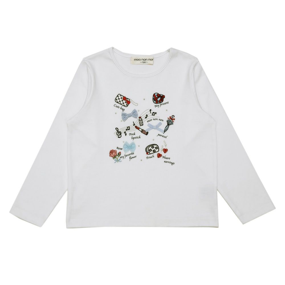 子供服 女の子 五線譜 刺繍 ＆ 小物 モチーフ 長袖Tシャツ オフホワイト(11) 正面