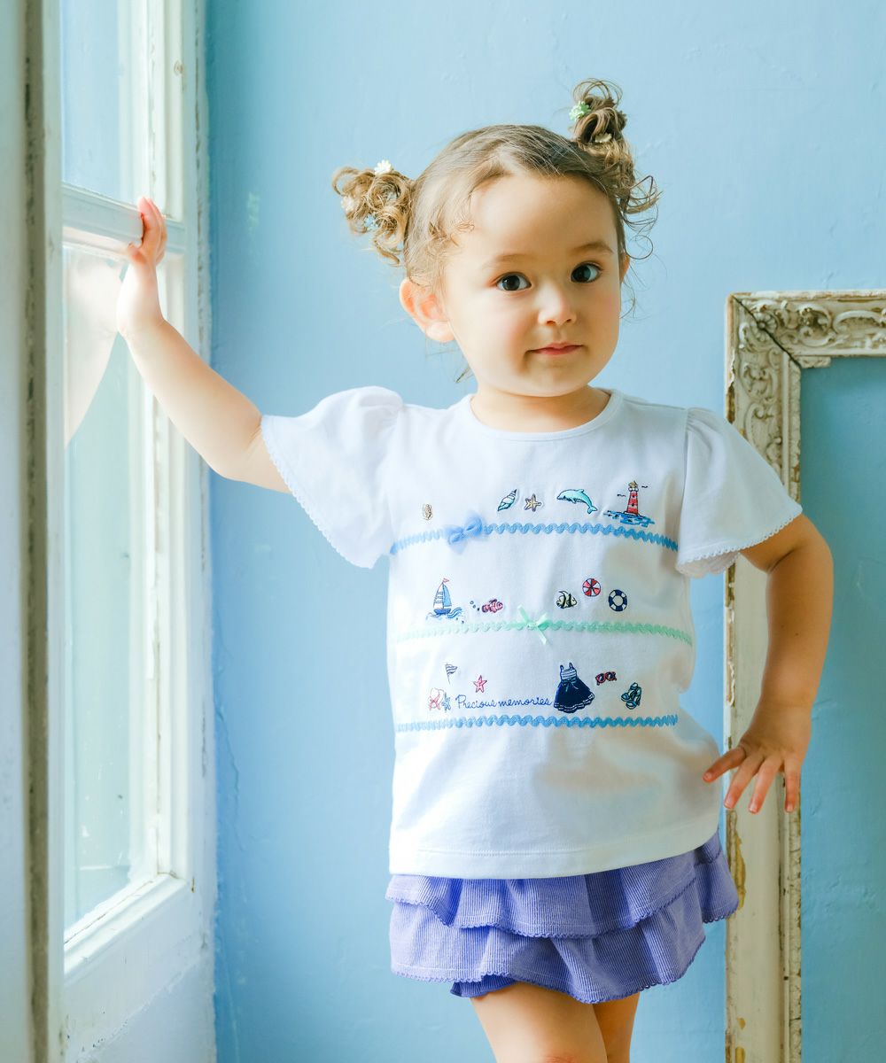 子供服 女の子 二段フリル ストライプ柄 かぼちゃパンツ ブルー(61) モデル画像全身