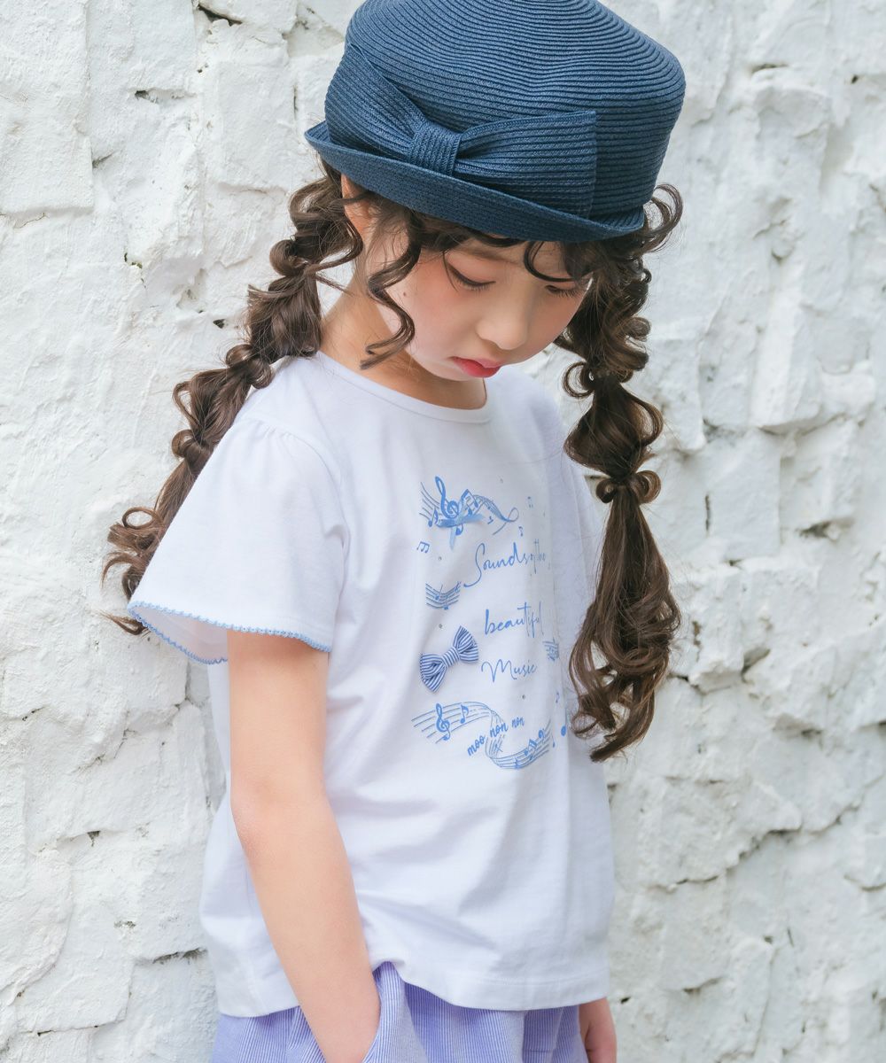 ベビー服 女の子 ピコレース袖 音符 綿100％ Tシャツ オフホワイト(11) モデル画像