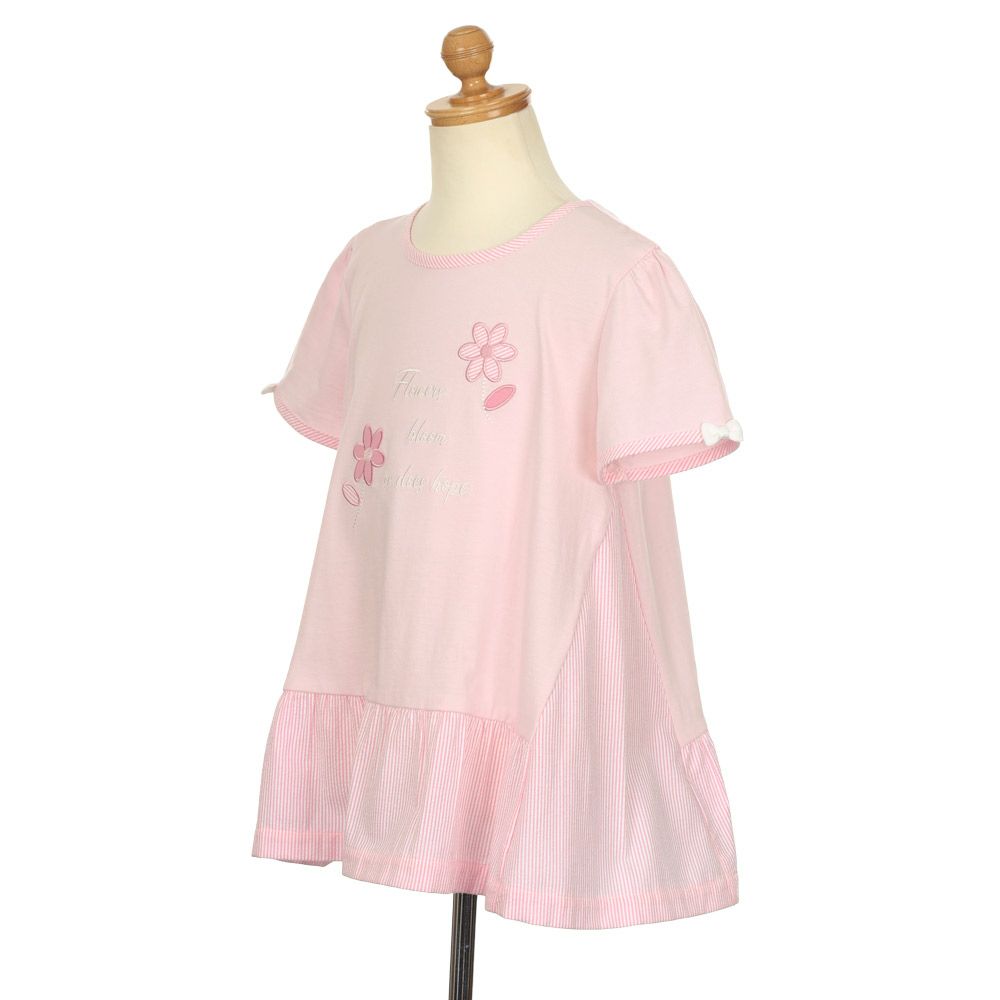 ベビー服 女の子 Aライン ストライプ 切り替え お花 Tシャツ ピンク(02) トルソー斜め