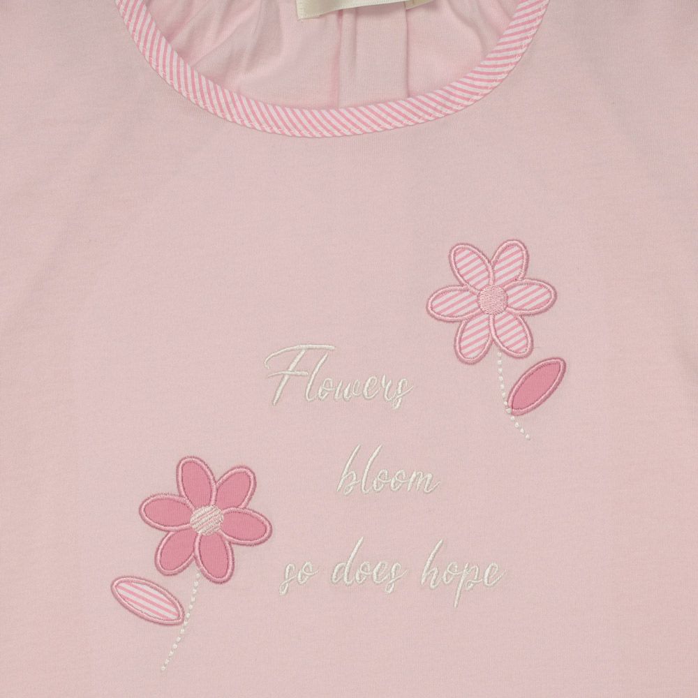ベビー服 女の子 Aライン ストライプ 切り替え お花 Tシャツ ピンク(02) デザインポイント1