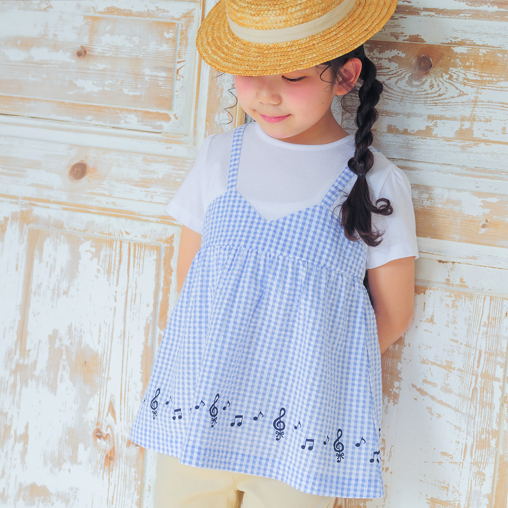 ベビー服 女の子 ギンガムチェック 重ね着風 Tシャツ