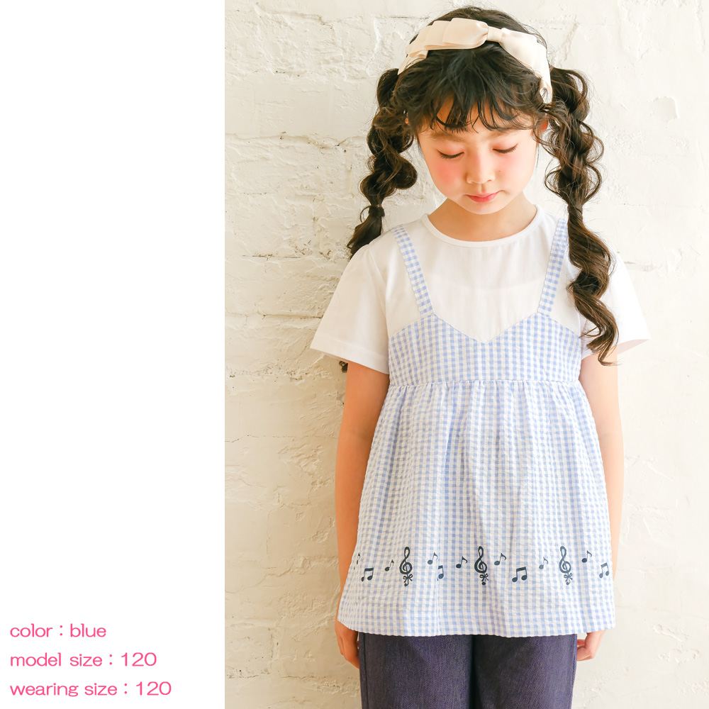 ベビー服 女の子 ギンガムチェック 重ね着風 Tシャツ ホワイト×ブラック(10) デザインポイント1
