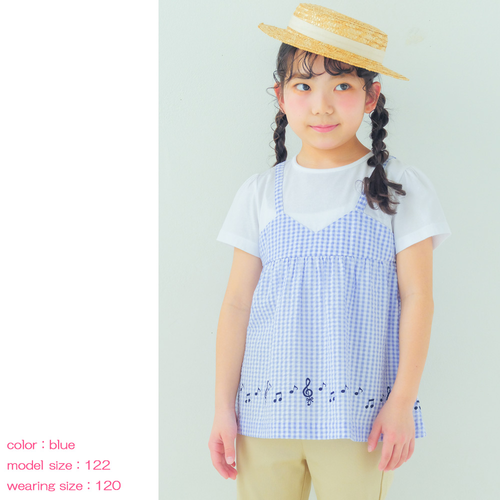 ベビー服 女の子 ギンガムチェック 重ね着風 Tシャツ ホワイト×ブラック(10) デザインポイント1