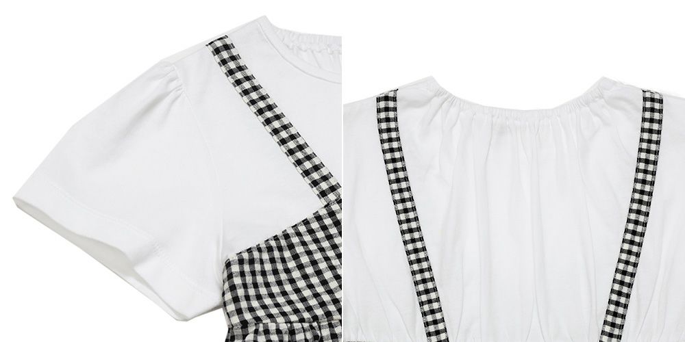 ベビー服 女の子 ギンガムチェック 重ね着風 Tシャツ ホワイト×ブラック(10) デザインポイント2
