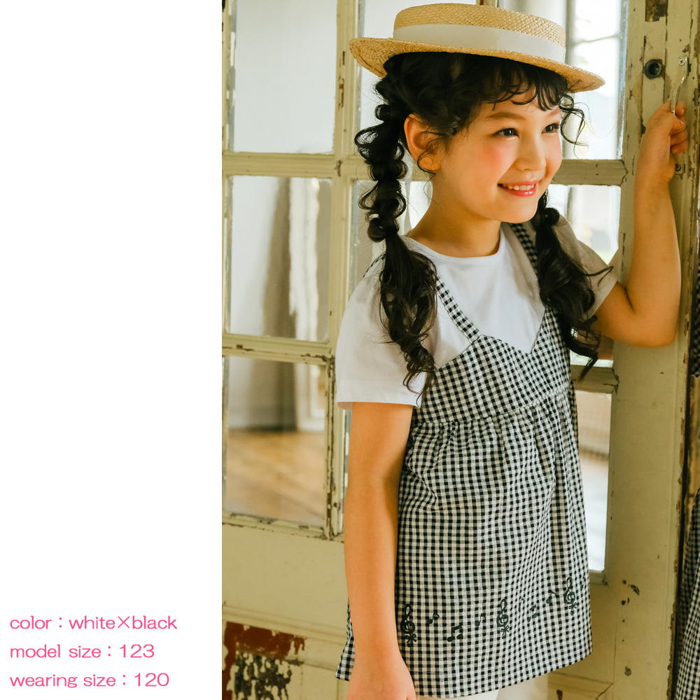 ベビー服 女の子 ギンガムチェック 重ね着風 Tシャツ ホワイト×ブラック(10) モデル画像アップ