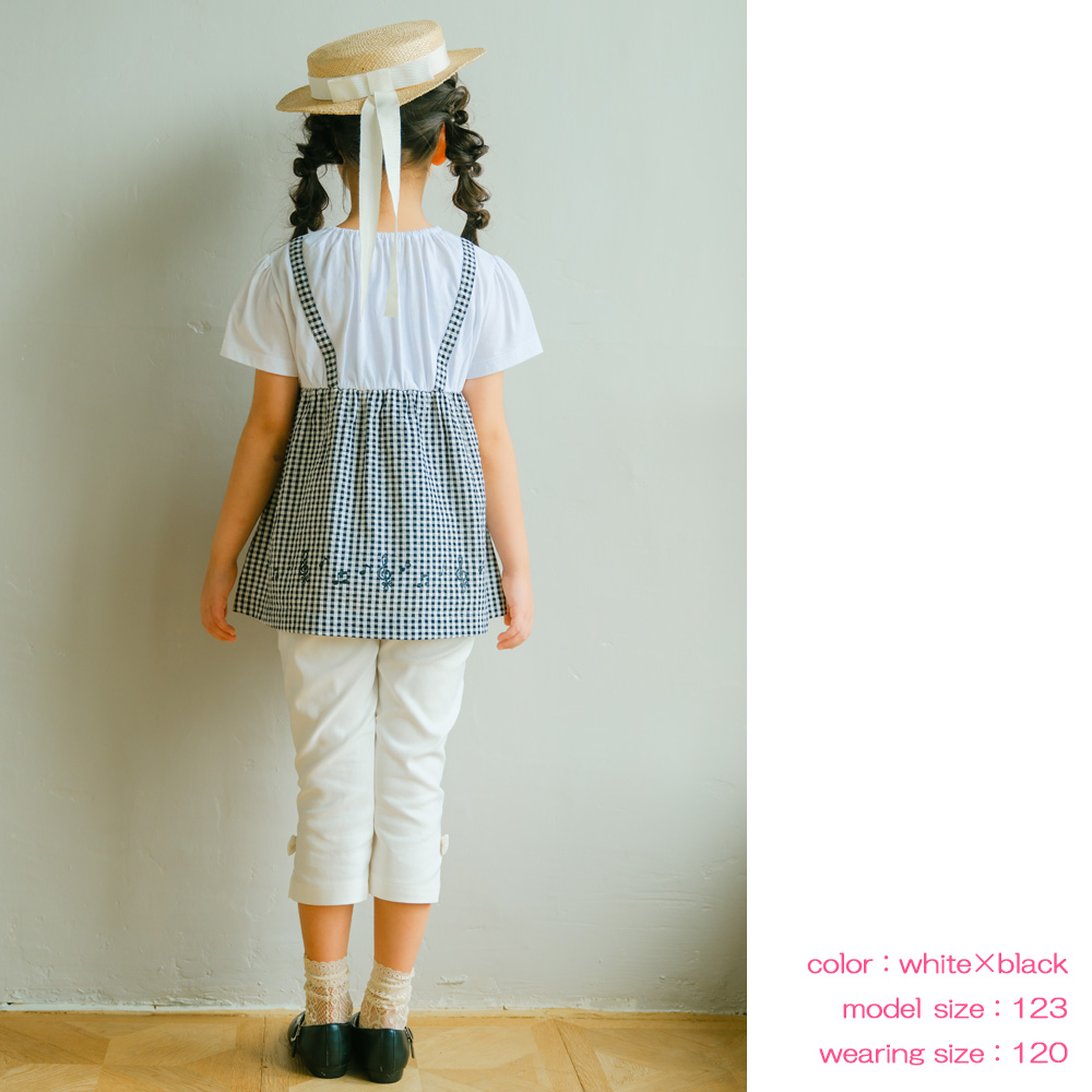 ベビー服 女の子 ギンガムチェック 重ね着風 Tシャツ ホワイト×ブラック(10) モデル画像全身