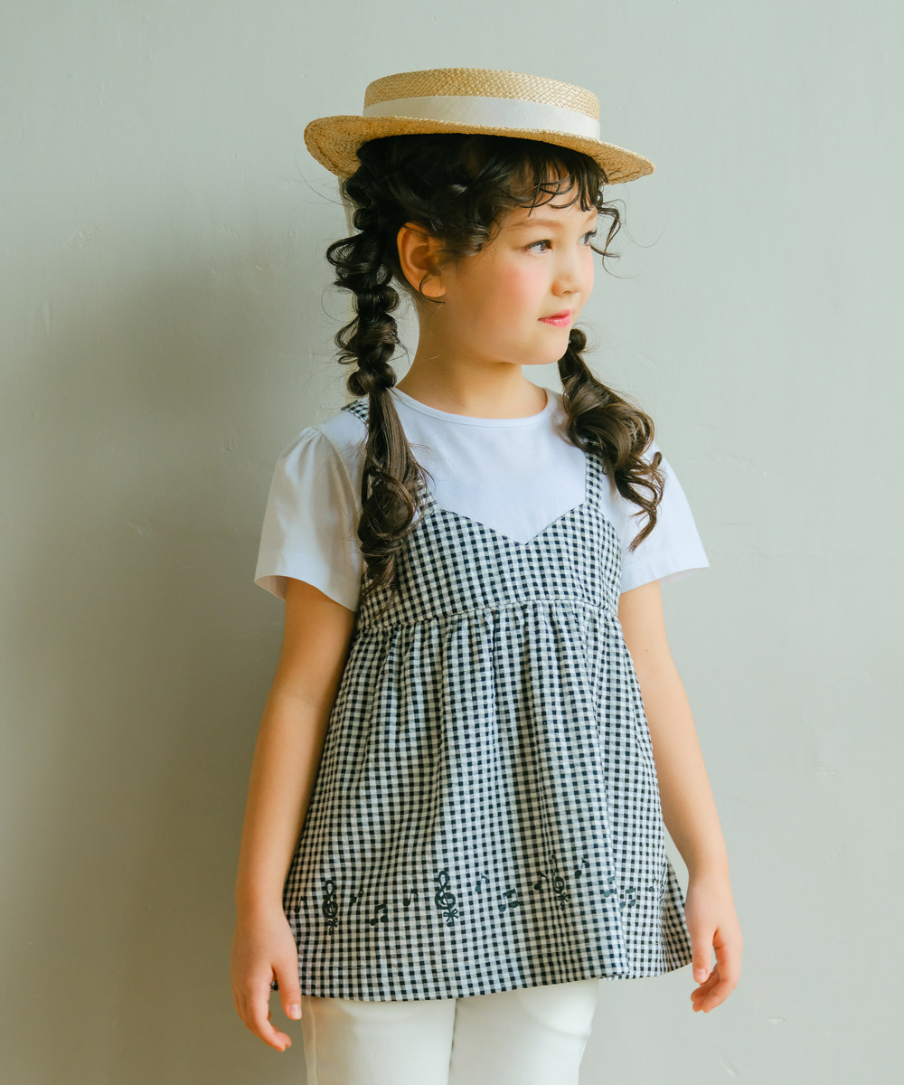 ベビー服 女の子 ギンガムチェック 重ね着風 Tシャツ ホワイト×ブラック(10) モデル画像3
