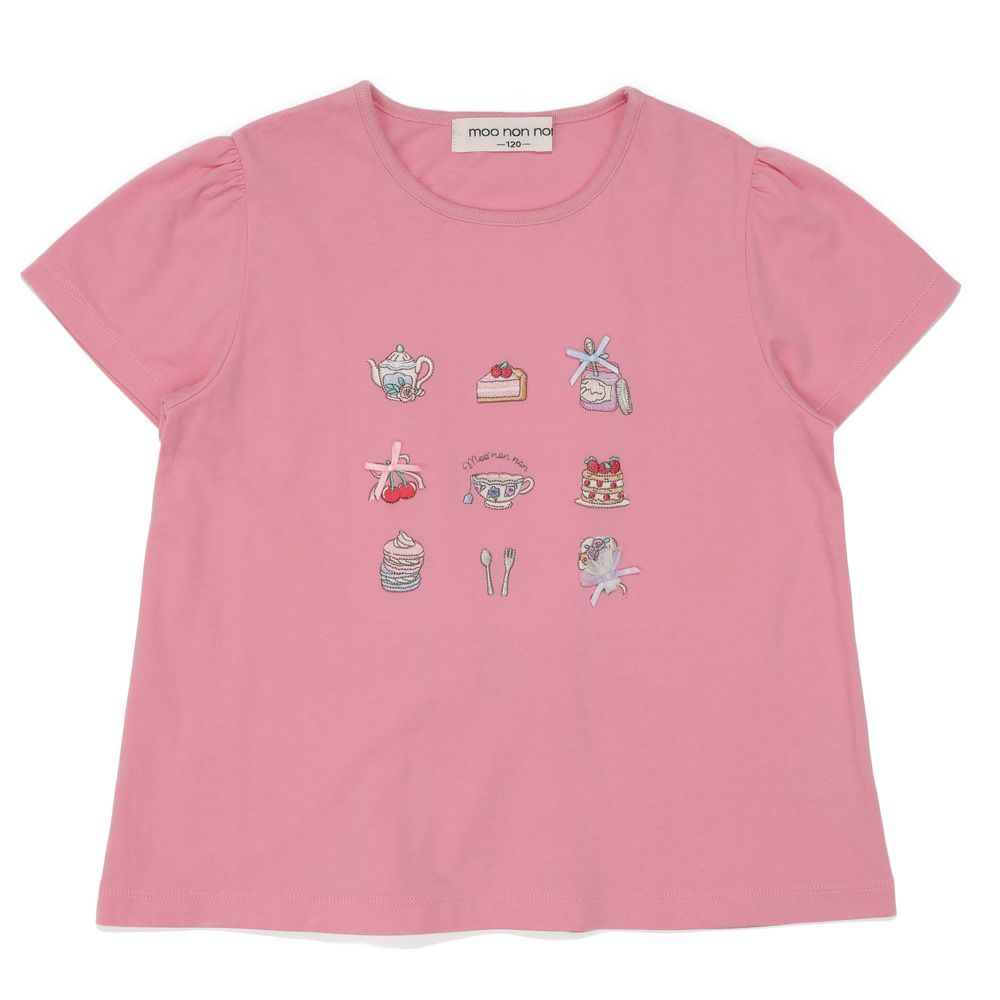 ベビー服 女の子 バックリボン ティーパーティー 刺繍 Tシャツ ショッキングピンク(21) 正面