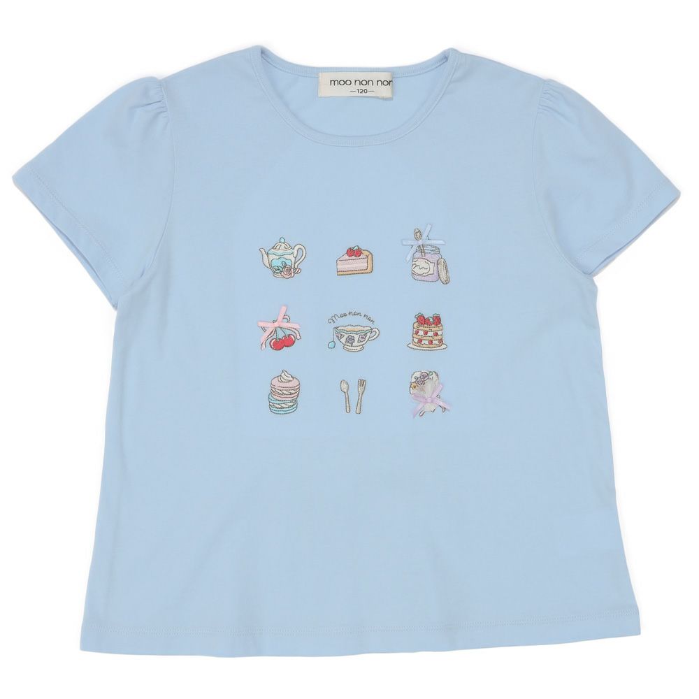 ベビー服 女の子 バックリボン ティーパーティー 刺繍 Tシャツ ブルー(61) 正面