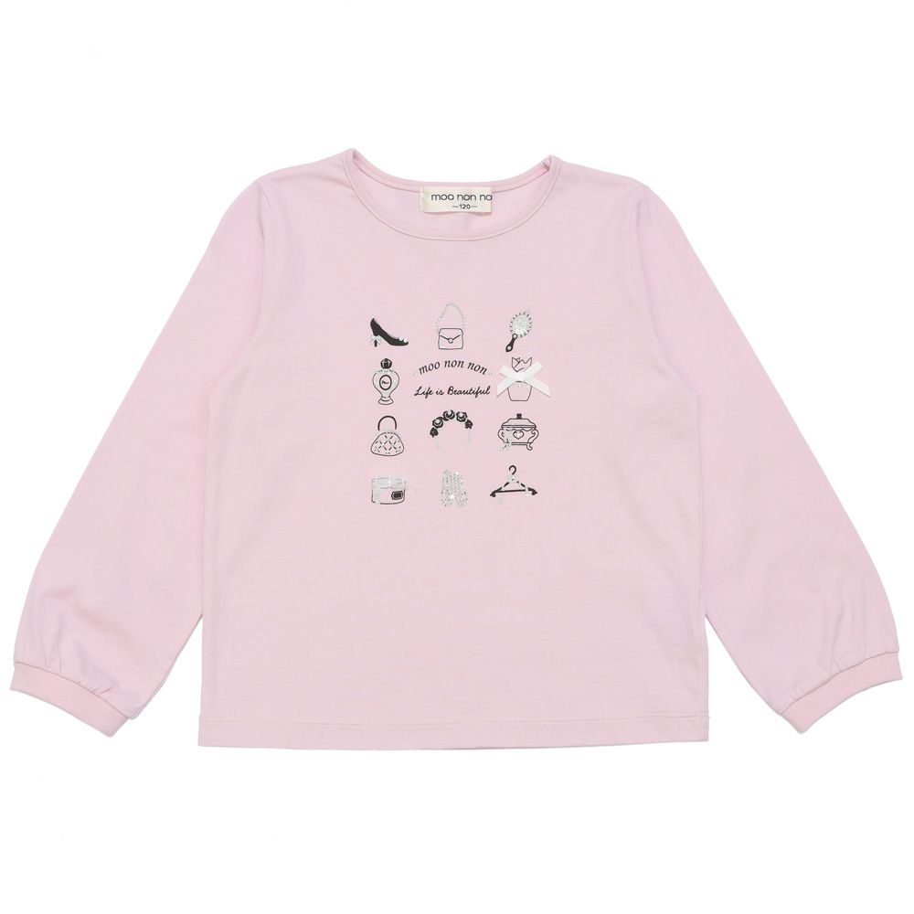 子供服 女の子 バッグ＆シューズ柄プリント 長袖Tシャツ ピンク(02) 正面