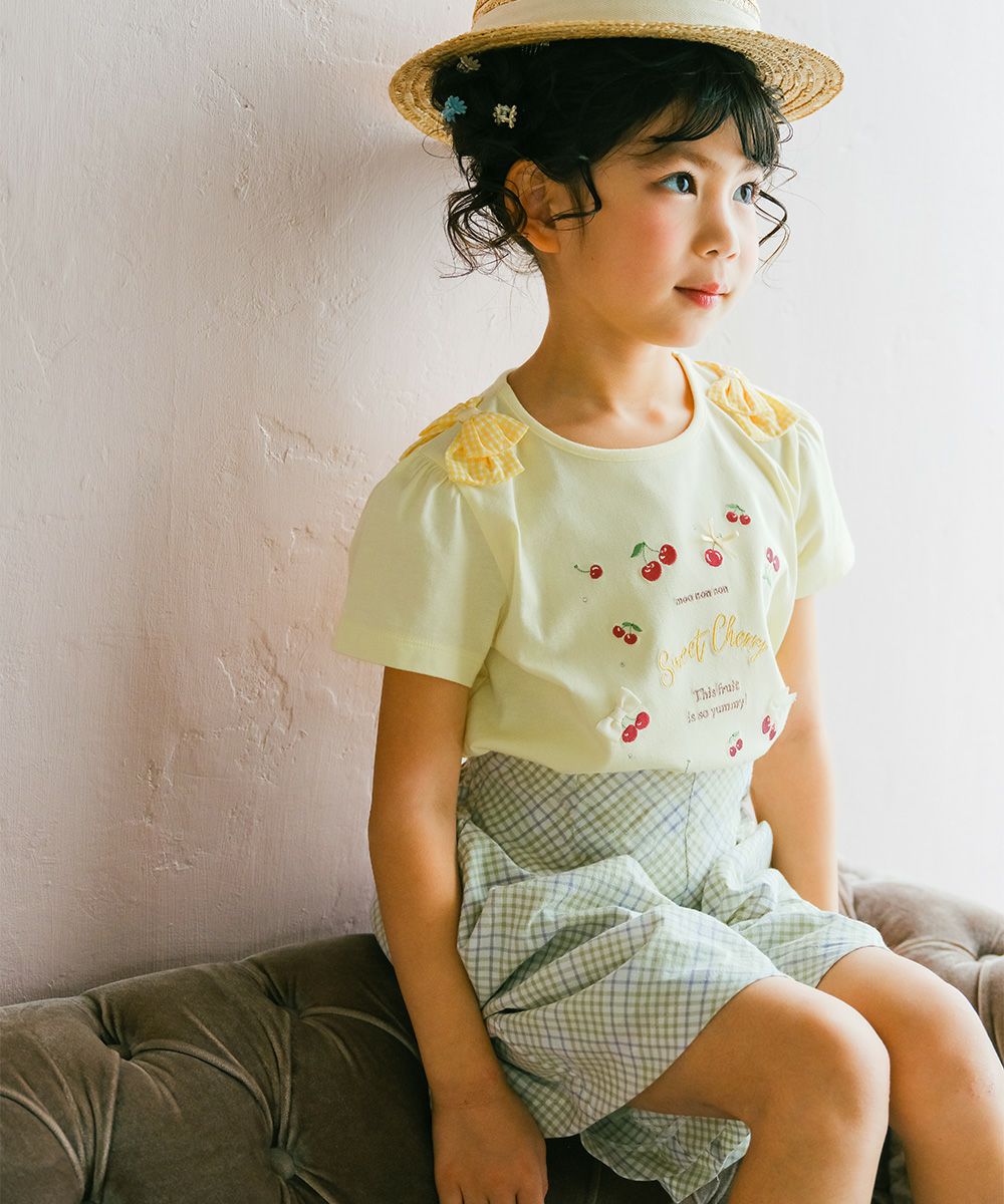 子供服 女の子 綿100% チェック柄キュロットパンツ グリーン(08) モデル画像1