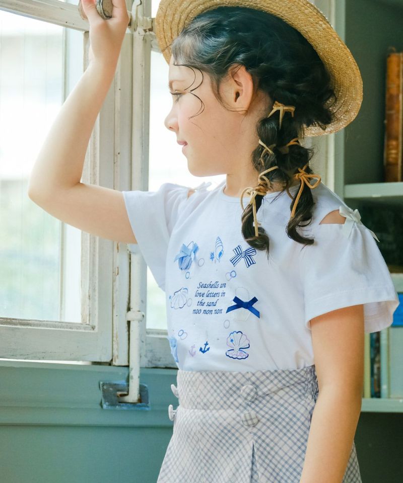 子供服 女の子 リボン 肩あき マリン 小物 モチーフ Tシャツ