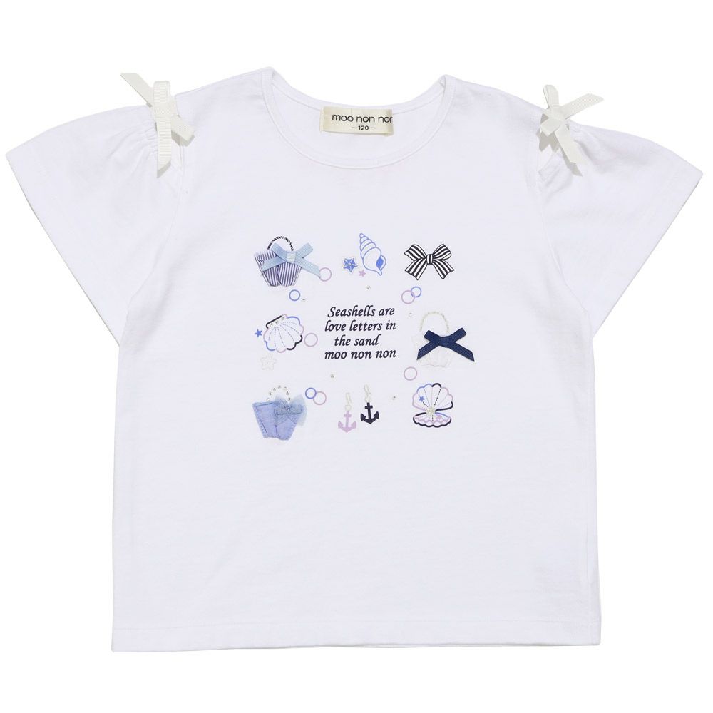 子供服 女の子 リボン 肩あき マリン 小物 モチーフ Tシャツ オフホワイト(11) 正面