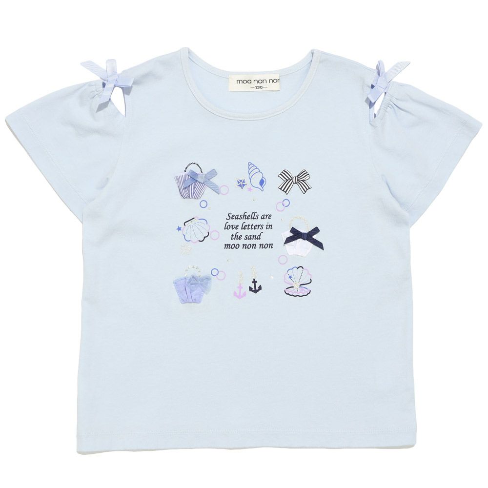 子供服 女の子 リボン 肩あき マリン 小物 モチーフ Tシャツ ブルー(61) 正面