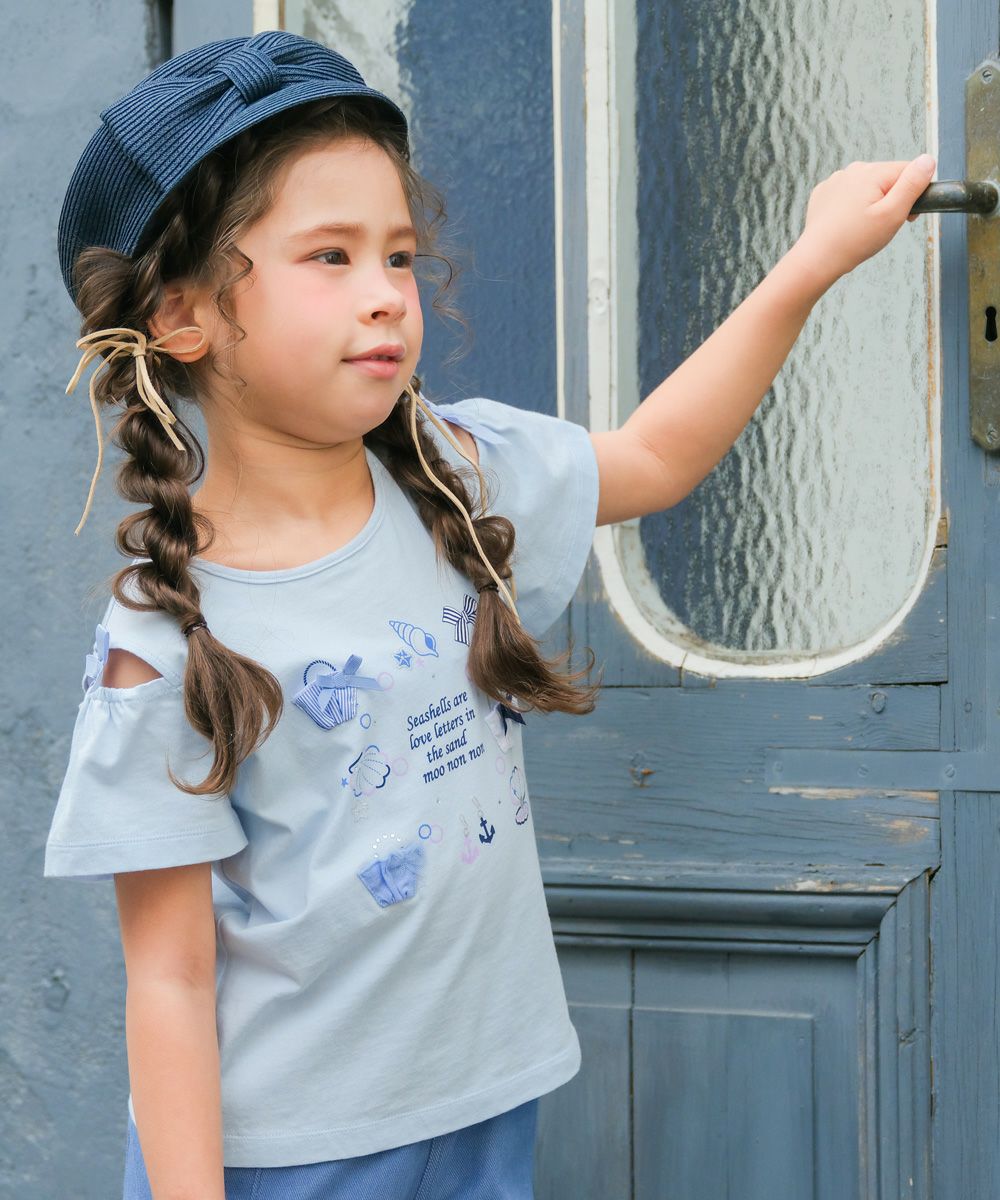 子供服 女の子 リボン 肩あき マリン 小物 モチーフ Tシャツ ブルー(61) モデル画像