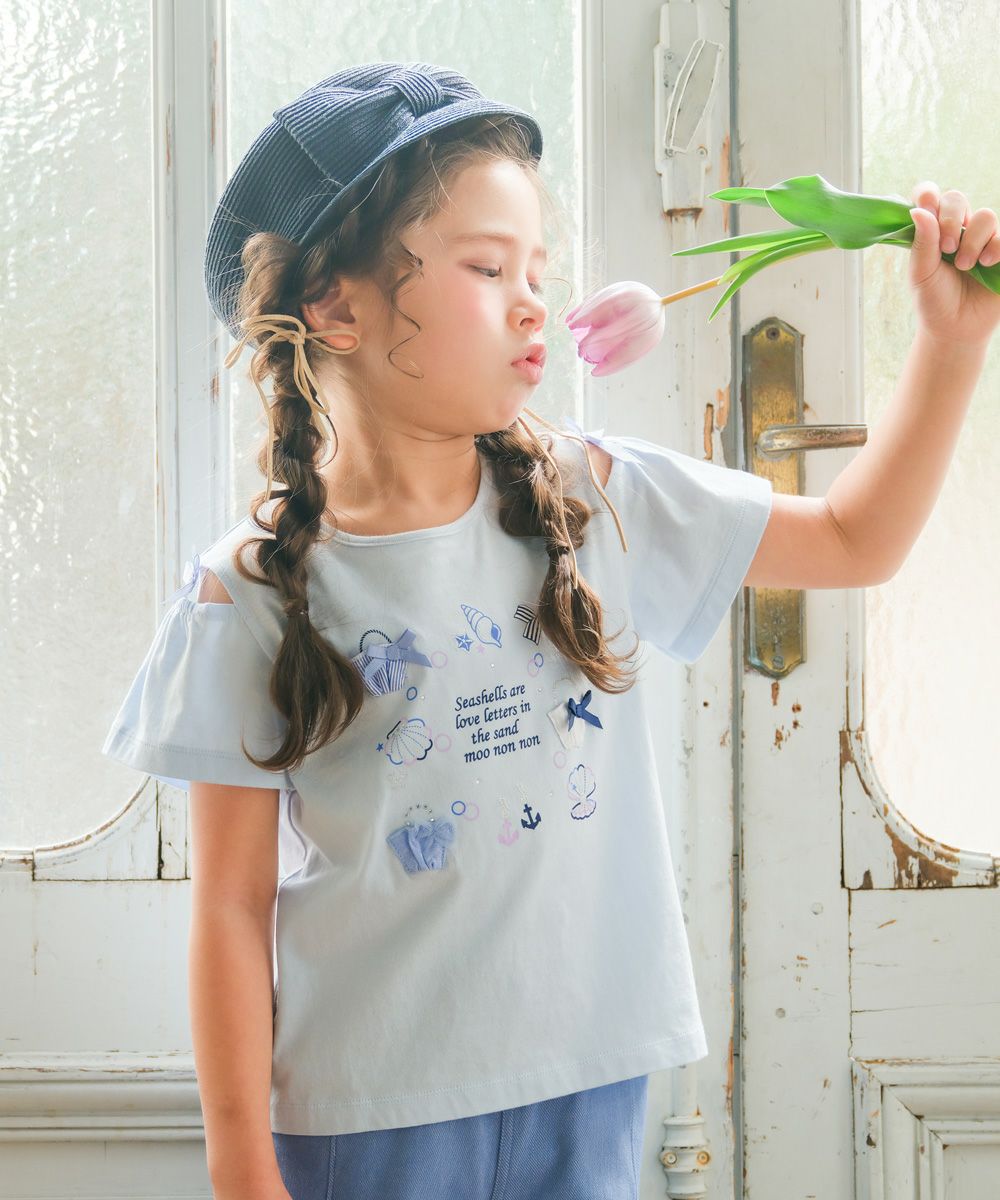 子供服 女の子 リボン 肩あき マリン 小物 モチーフ Tシャツ ブルー(61) モデル画像
