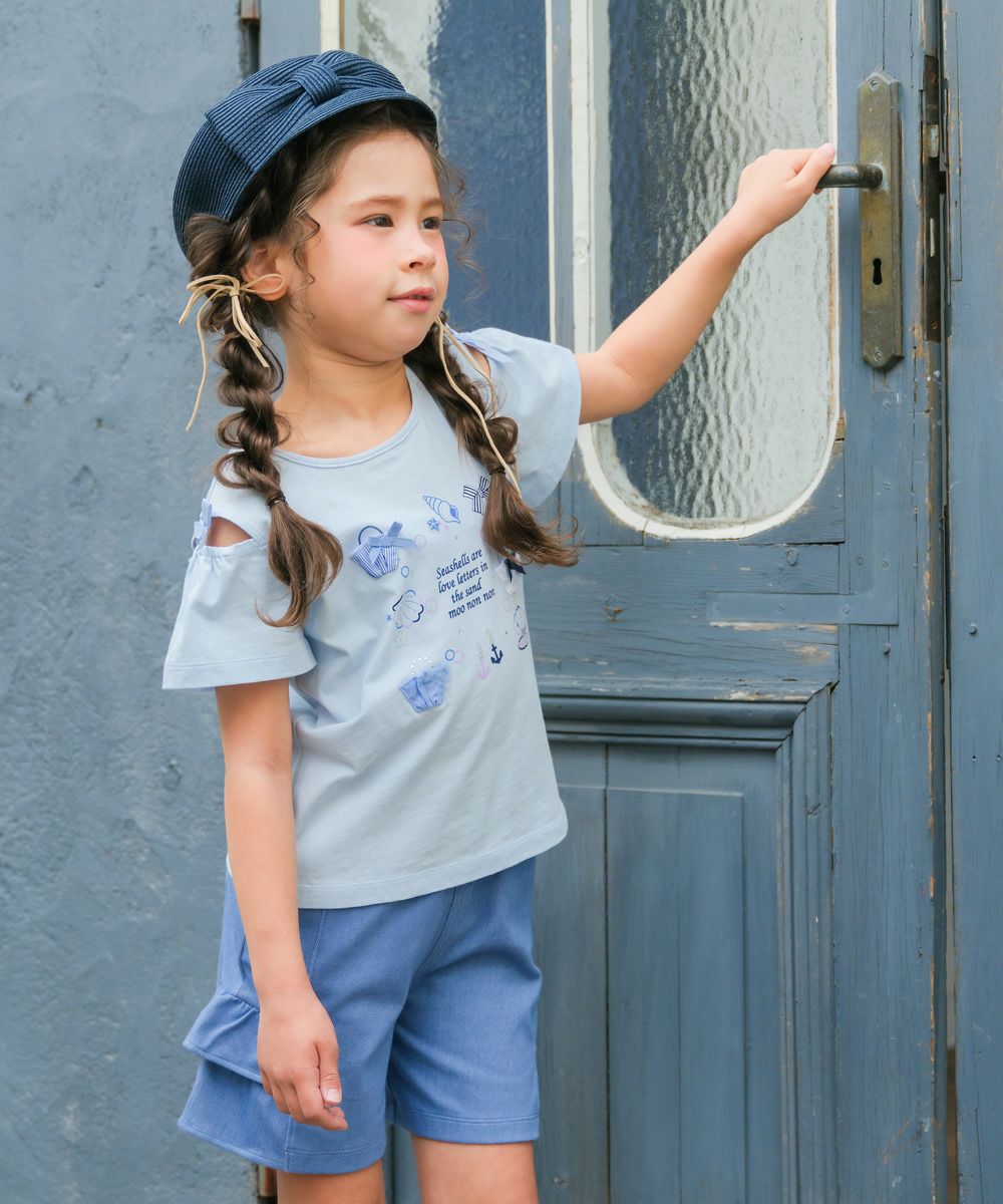 子供服 女の子 リボン 肩あき マリン 小物 モチーフ Tシャツ ブルー(61) モデル画像