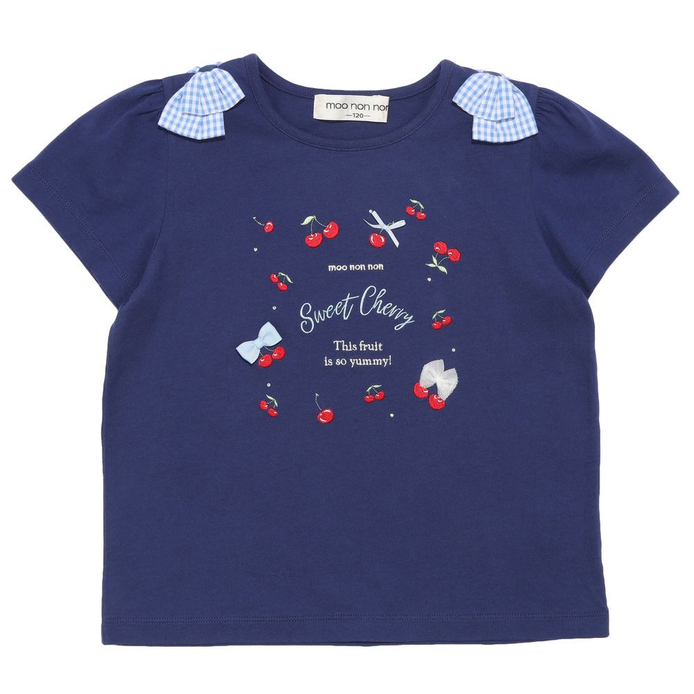 ベビー服 女の子 ギンガムチェック リボン ＆ さくらんぼ Tシャツ ネイビー(06) 正面