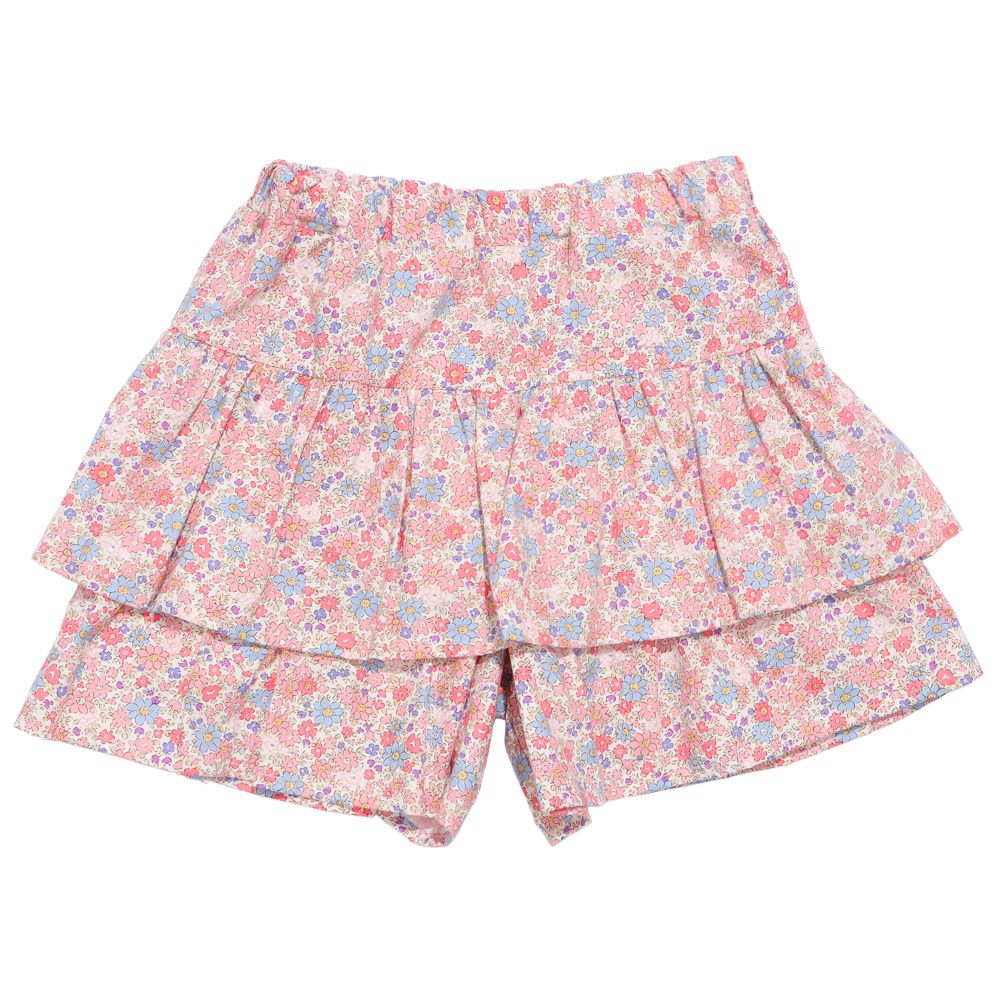 ベビー服 女の子 綿100% 小花柄 フリル キュロットパンツ ピンク(02) 正面