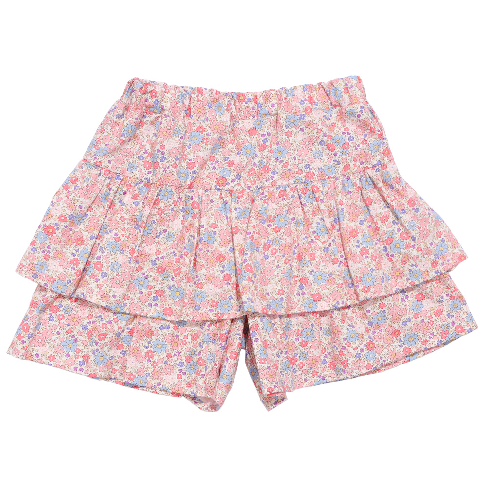 ベビー服 女の子 綿100% 小花柄 フリル キュロットパンツ ピンク(02) 正面