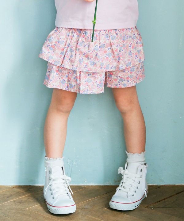 ベビー服 女の子 綿100% 小花柄 フリル キュロットパンツ ピンク(02) モデル画像1