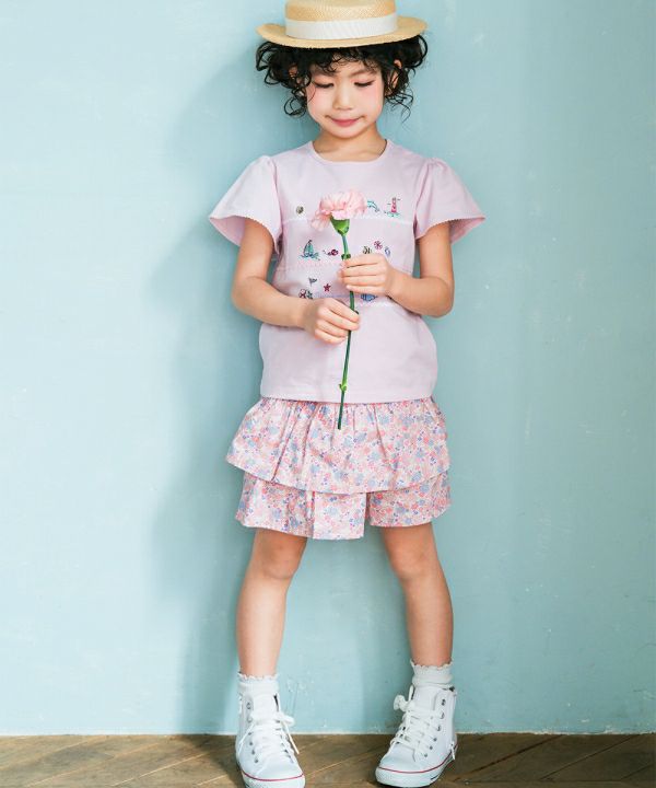 ベビー服 女の子 綿100% 小花柄 フリル キュロットパンツ ピンク(02) モデル画像2