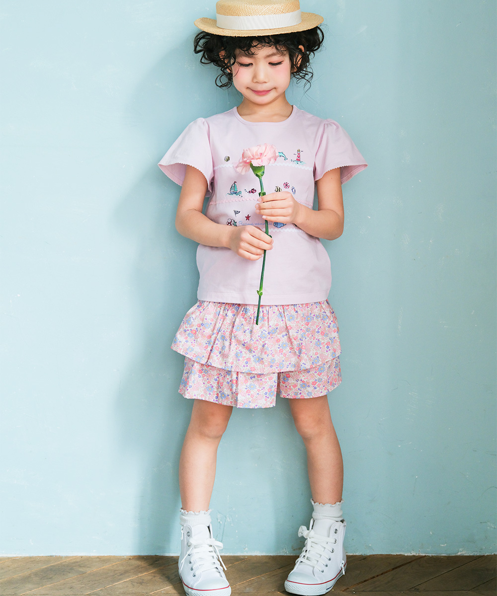 ベビー服 女の子 綿100% 小花柄 フリル キュロットパンツ ピンク(02) モデル画像2