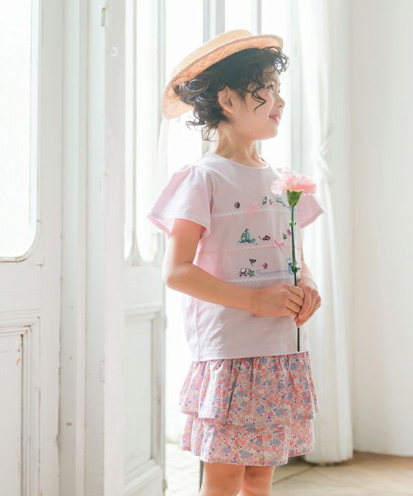 ベビー服 女の子 綿100% 小花柄 フリル キュロットパンツ ピンク(02) モデル画像5