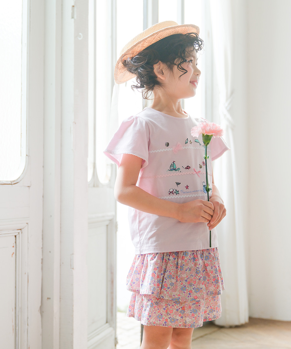 ベビー服 女の子 綿100% 小花柄 フリル キュロットパンツ ピンク(02) モデル画像5