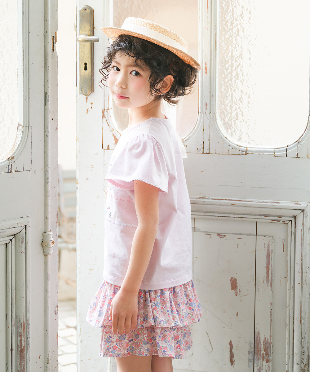 ベビー服 女の子 綿100% 小花柄 フリル キュロットパンツ ピンク(02) モデル画像6