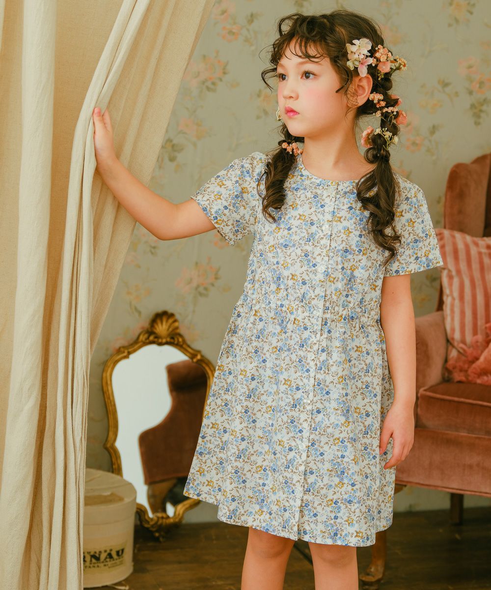 ベビー服 女の子 綿100％ 小花柄 ボタン開き ワンピース