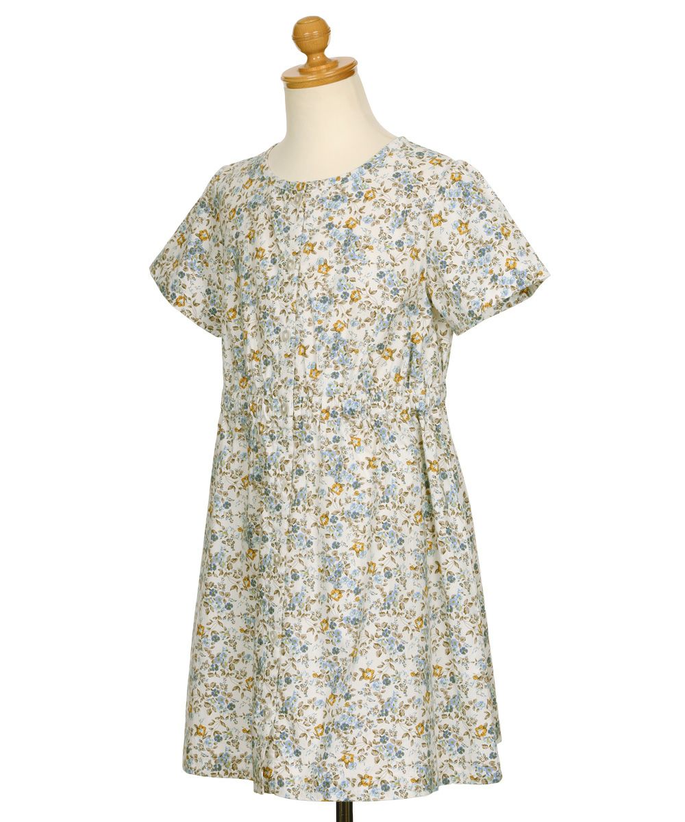 ベビー服 女の子 綿100％ 小花柄 ボタン開き ワンピース ブルー(61) トルソー斜め