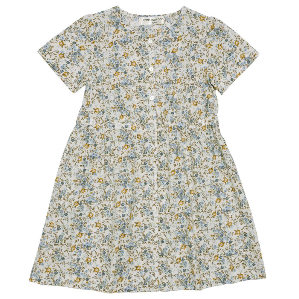 ベビー服 女の子 綿100％ 小花柄 ボタン開き ワンピース ブルー(61) 正面